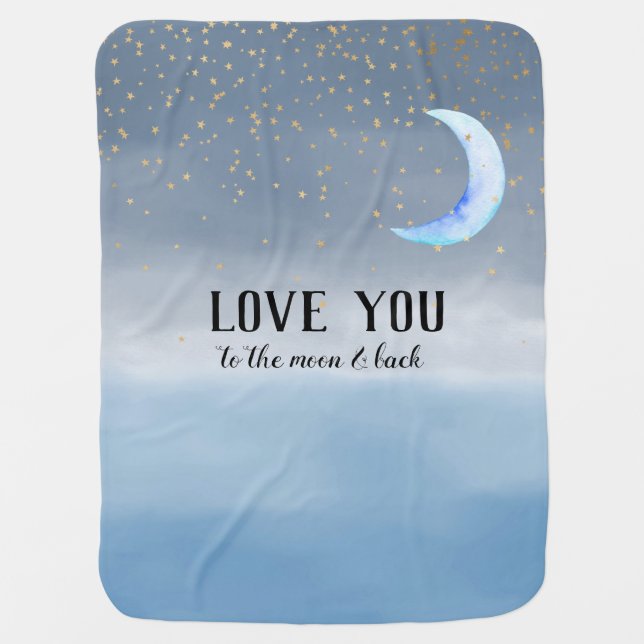 Gold Stars Moon Blue Ombre Baby Blanket (Front)