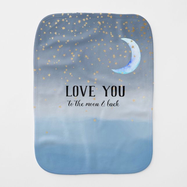 Gold Stars Moon Blue Ombre Baby Burp Cloth (Front)