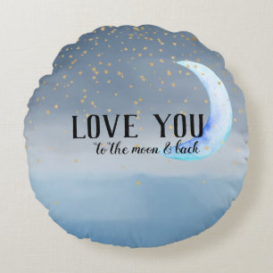 Gold Stars Moon Blue Ombre Round Pillow