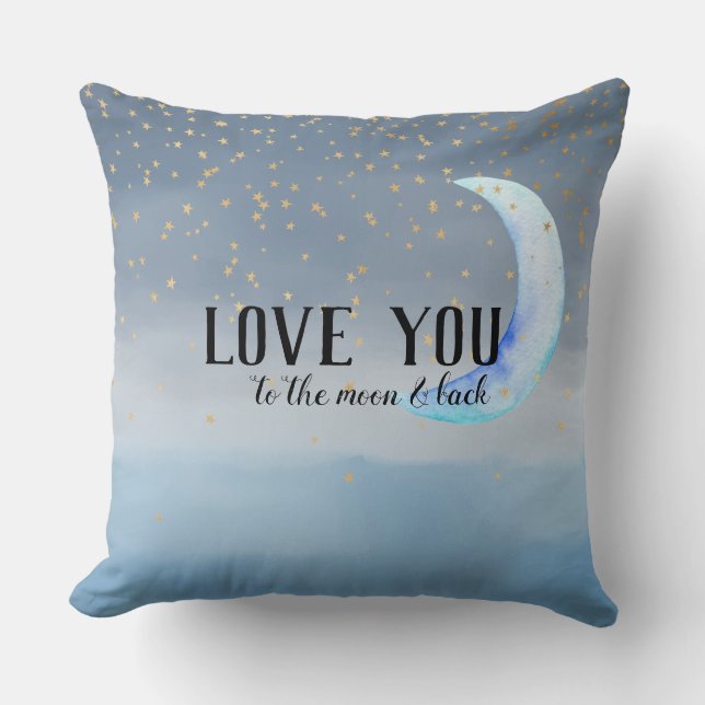 Gold Stars Moon Blue Ombre Throw Pillow (Front)