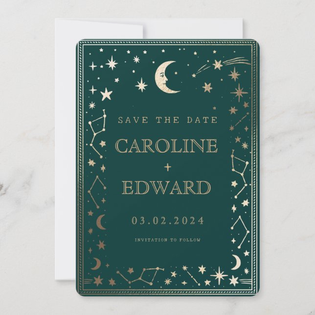 Gold Stars Moon Celestial Qr Code Save the Date (Front)