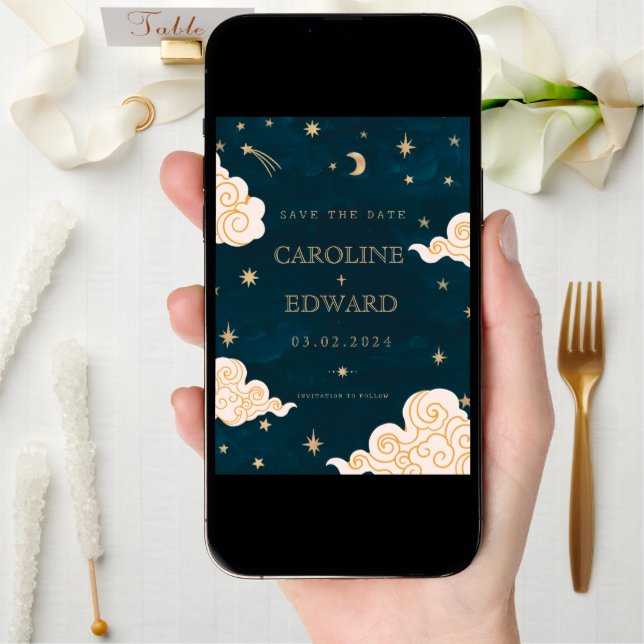 Gold Stars Moon Celestial Qr Code Save the Date (Front Digital)