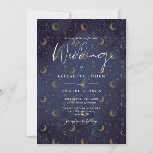 Gold Stars Moon Celestial QR Code Wedding Invitation