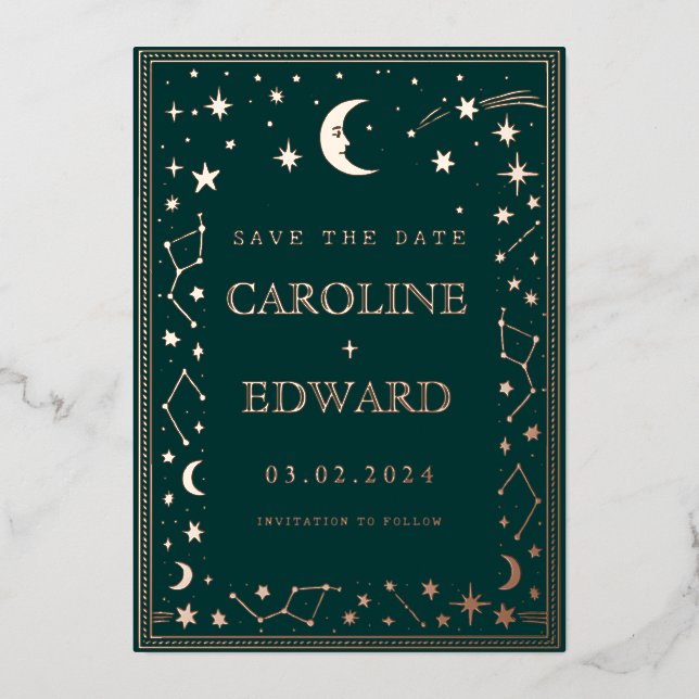 Gold Stars Moon Celestial Save the Date Foil Invitation (Front)