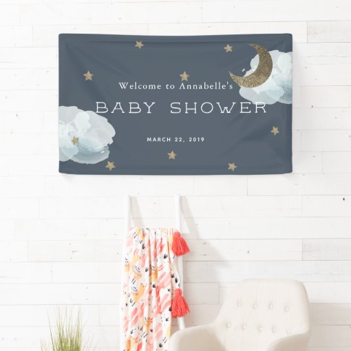 Gold Stars Moon Cloud Navy Blue Baby Shower Banner | Zazzle