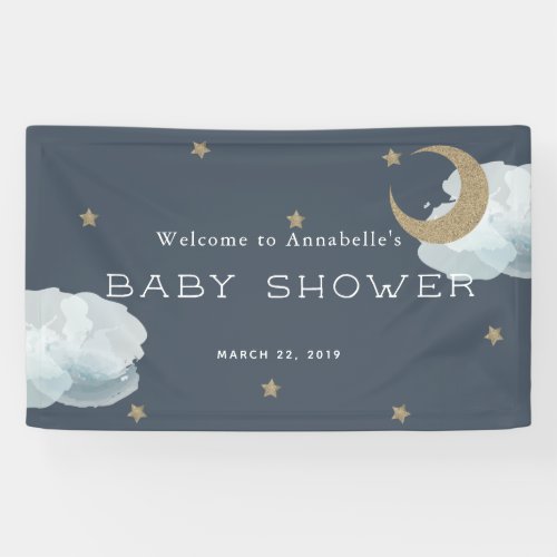 Gold Stars Moon Cloud Navy Blue Baby Shower Banner