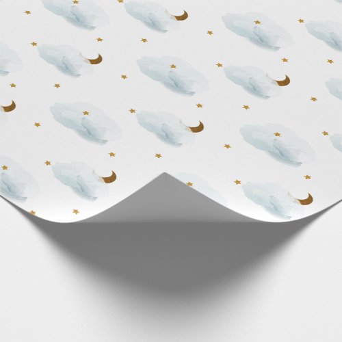 Gold Stars Moon  Fluffy Clouds Wrapping Paper