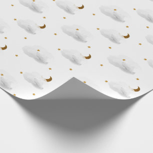 Gold Stars, Moon, & Fluffy Gray Clouds Wrapping Paper
