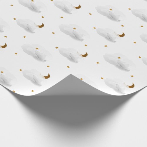 Gold Stars Moon  Fluffy Gray Clouds Wrapping Paper