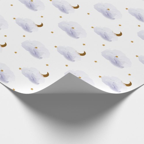 Gold Stars Moon  Fluffy Lavender Clouds Wrapping Paper