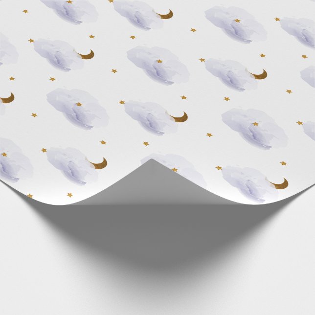 Gold Stars, Moon, & Fluffy Lavender Clouds Wrapping Paper (Corner)