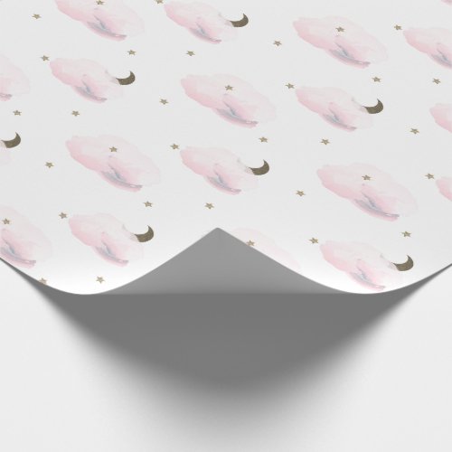 Gold Stars Moon  Fluffy Pink Clouds Wrapping Paper