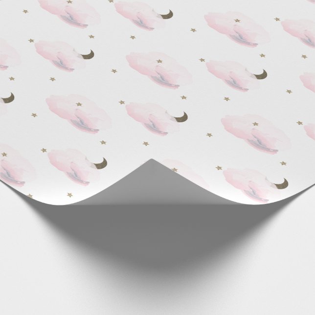Gold Stars, Moon, & Fluffy Pink Clouds Wrapping Paper (Corner)