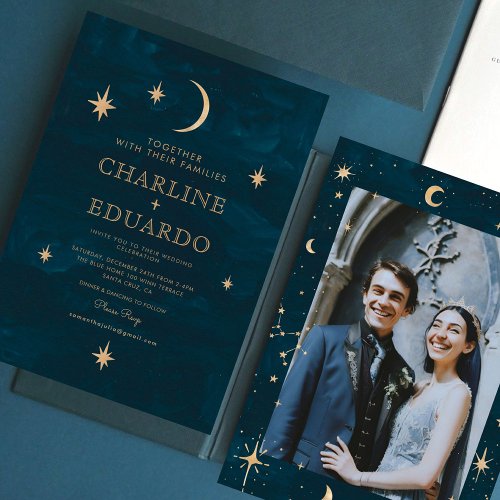Gold Stars Moon Indigo Celestial Photo Wedding Invitation