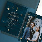 Gold Stars Moon Navy Celestial All in One Wedding Invitation