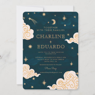 Gold Stars Moon Indigo Celestial Qr Code Wedding Invitation