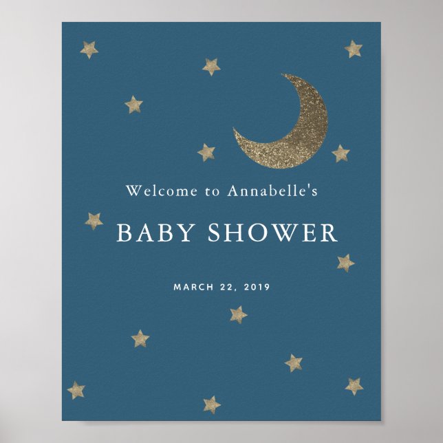 Gold Stars & Moon Navy Baby Shower Welcome Sign (Front)