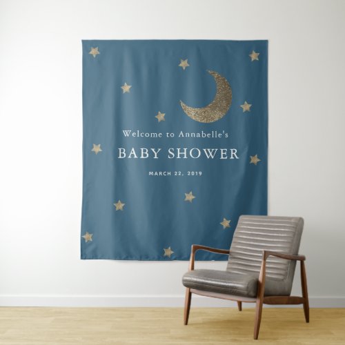 Gold Stars  Moon Navy Blue Baby Shower Tapestry