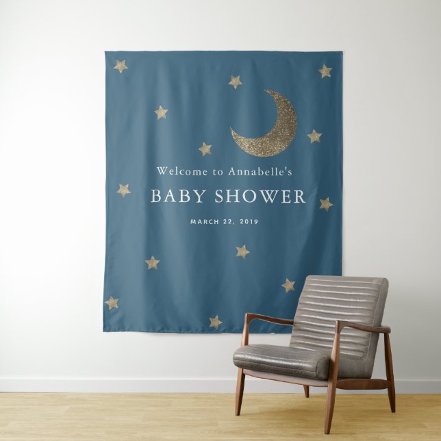 Gold Stars & Moon Navy Blue Baby Shower Tapestry (In Situ)