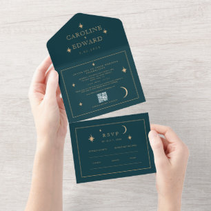 Gold Stars Moon Navy Celestial All in One Wedding Invitation