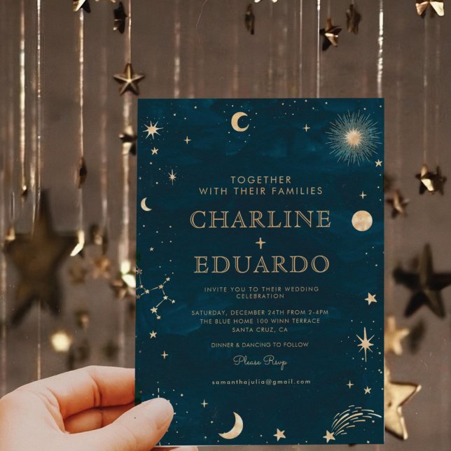 Gold Stars Moon Navy Celestial All in One Wedding Invitation (Creator Uploaded)
