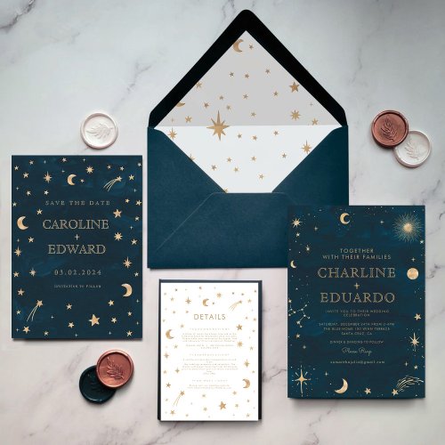 Gold Stars Moon Navy Celestial All in One Wedding Invitation