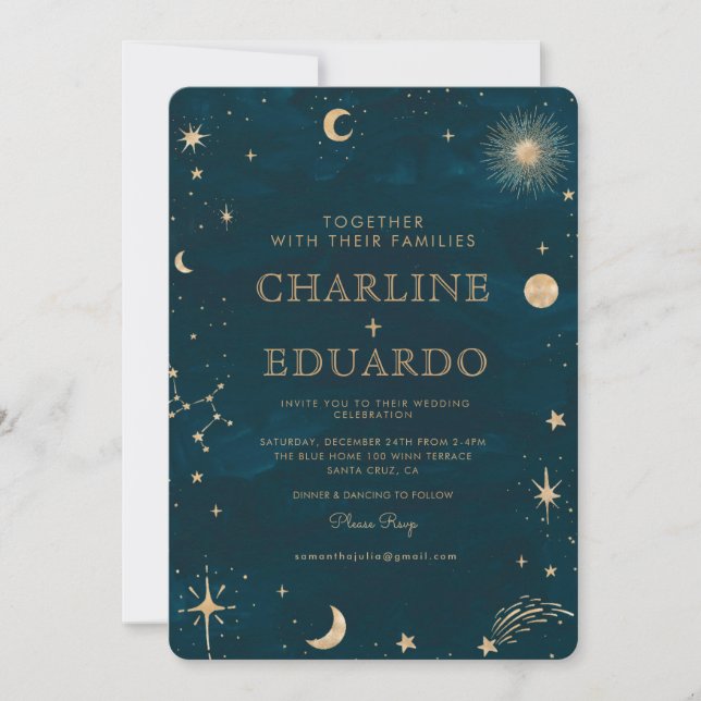 Gold Stars Moon Navy Celestial All in One Wedding Invitation