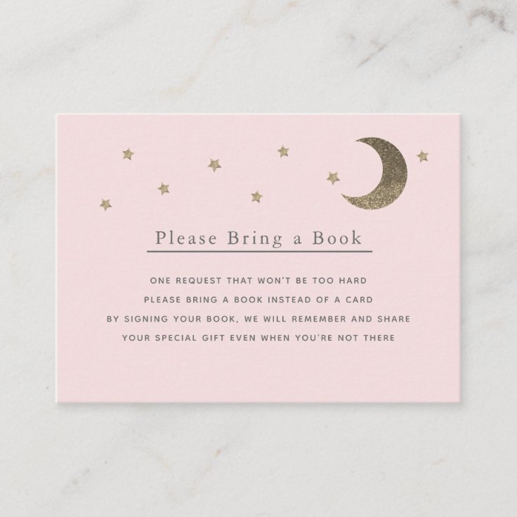 Gold Stars &amp; Moon Pink Please Bring a Book Card | Zazzle