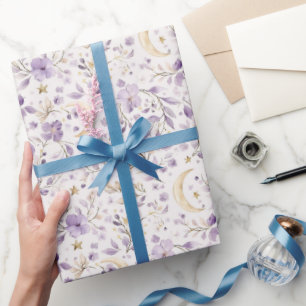 Gold Stars Moon Purple Flowers Birthday Wrapping Paper