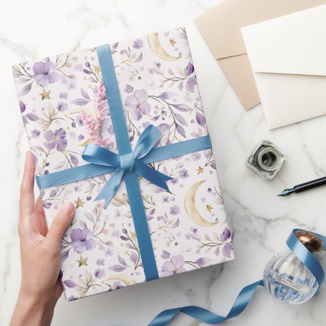 Gold Stars Moon Purple Flowers Birthday Wrapping Paper (Gifting)