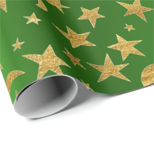 Gold Stars Moon Sky Metallic Greenly Emerald Green Wrapping Paper