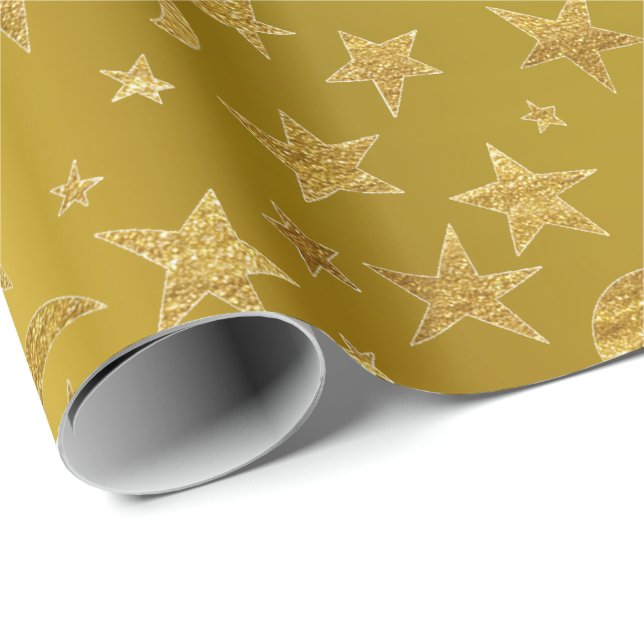 Gold Stars Moon Sky Metallic Mustard Yellow Wrapping Paper (Roll Corner)