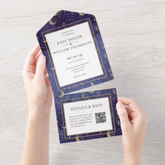 Gold Stars Moon Stars Celestial QR Code Wedding All In One Invitation (Tearaway)