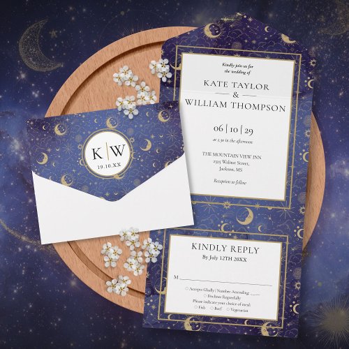 Gold Stars Moon Stars Celestial Spiritual Wedding All In One Invitation