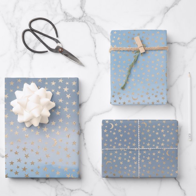 Gold Stars Moons Blue Ombre Wrapping Paper Sheets (Front)