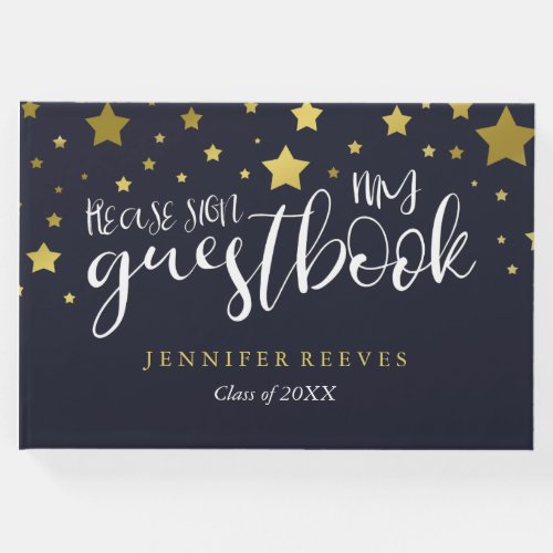 Gold Stars  Navy Blue Graduation Guest Book