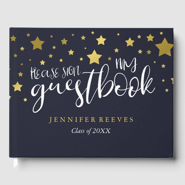 Gold Stars & Navy Blue Graduation Guest Book (Front)