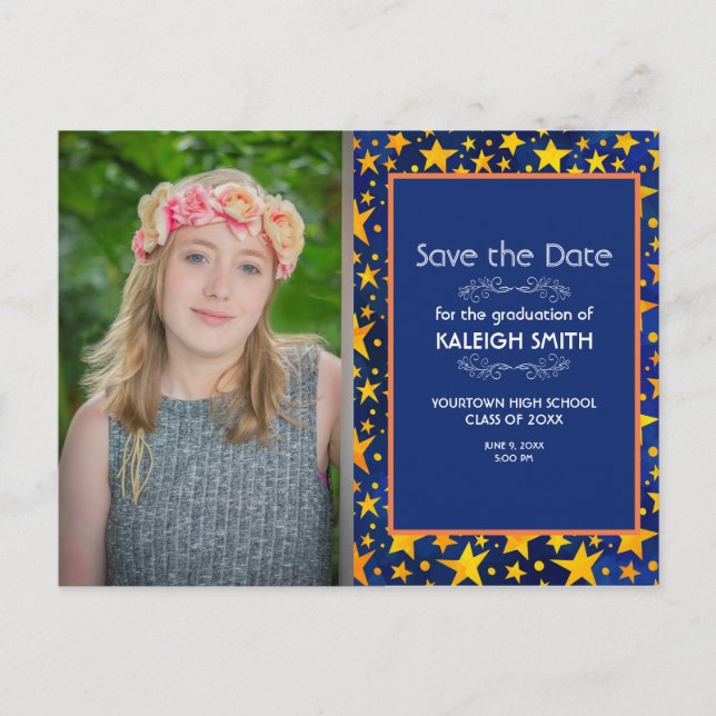 Gold Stars Navy Blue Photo Graduation Save Date Postcard (Front)