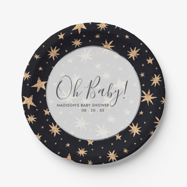 Gold Stars Navy Blue Space Custom Baby Shower Paper Plates (Front)