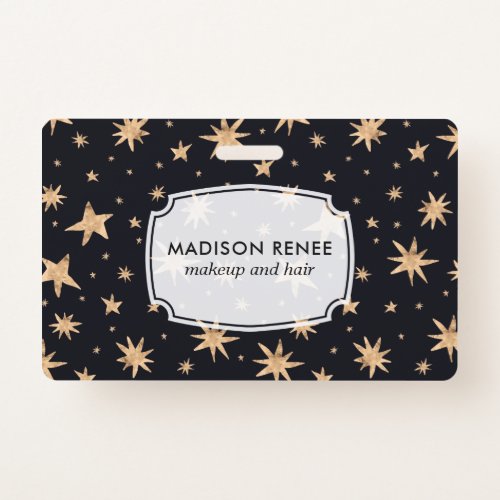 Gold Stars Navy Blue Space Sky Trendy Pattern Name Badge