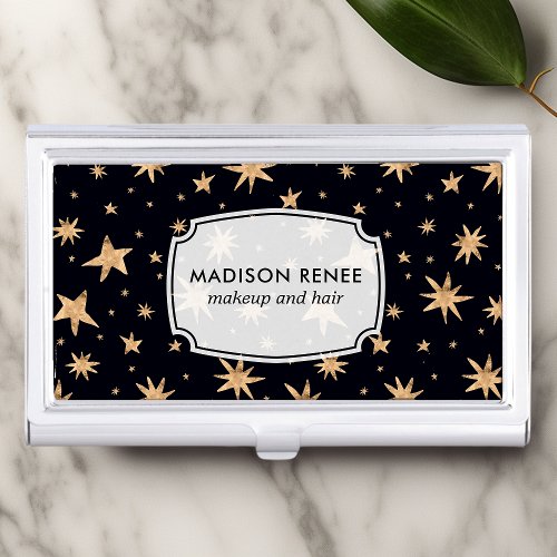 Gold Stars Navy Blue Space Sky Trendy Personalized Business Card Case