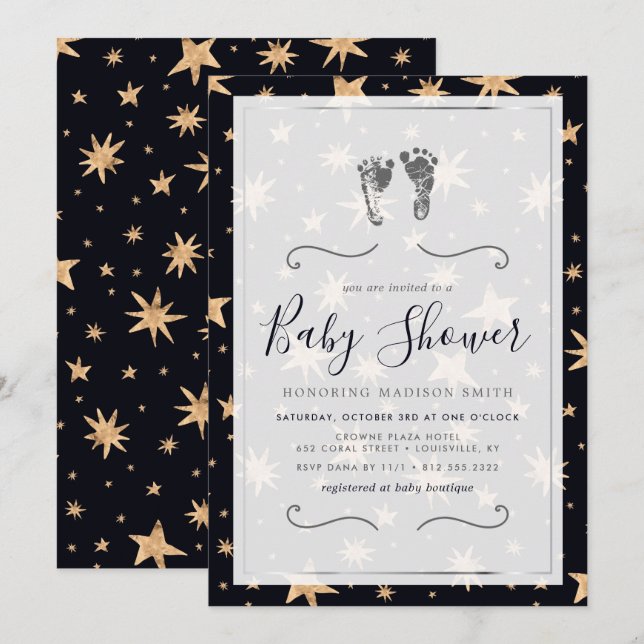 Gold Stars Navy Blue Trendy Starry Baby Shower Invitation (Front/Back)