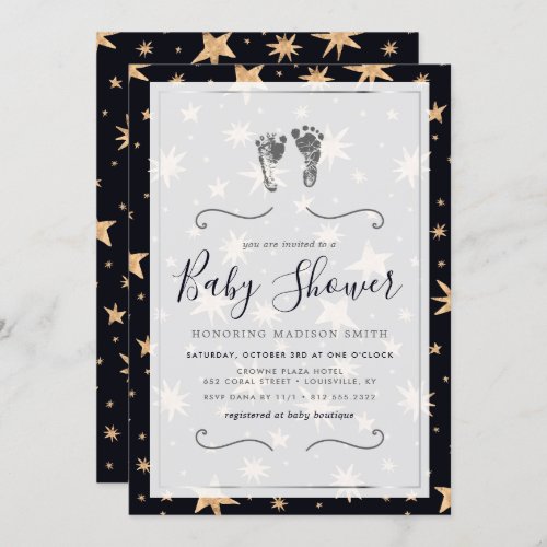 Gold Stars Navy Blue Trendy Starry Baby Shower Invitation