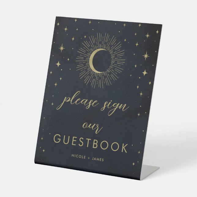 Gold Stars Night Celestial Sunburst Guestbook Sign (Front)