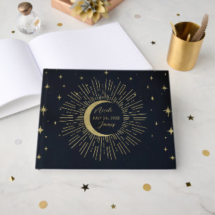 Gold Stars Night Celestial Sunburst Moon Guest Book