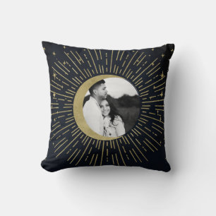 Gold Stars Night Celestial Sunburst Moon Photo Throw Pillow