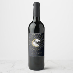 Gold Stars Night Celestial Sunburst Moon Photo Wine Label