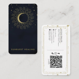Gold Stars Night Celestial Sunburst Moon QR Business Card