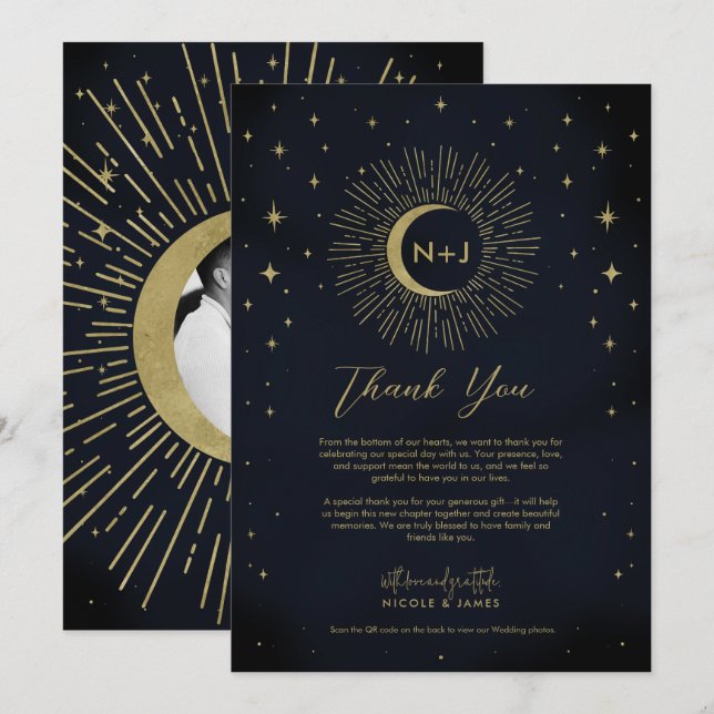 Gold Stars Night Celestial Sunburst Moon Thank You Invitation (Front/Back)
