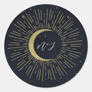Gold Stars Night Celestial Sunburst Moon Wedding Classic Round Sticker